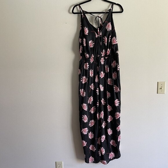 Express Womn L Black Floral Satin Tie Back Spaghetti Straps Faux Wrap Maxi Dress - Picture 9 of 10